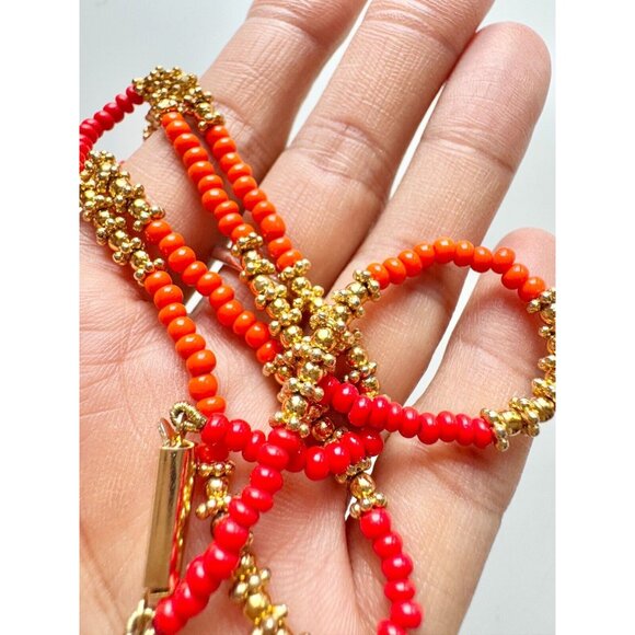 Vintage Unbranded Gold Tone Red Orange Beaded Choker Necklace - Picture 6 of 9